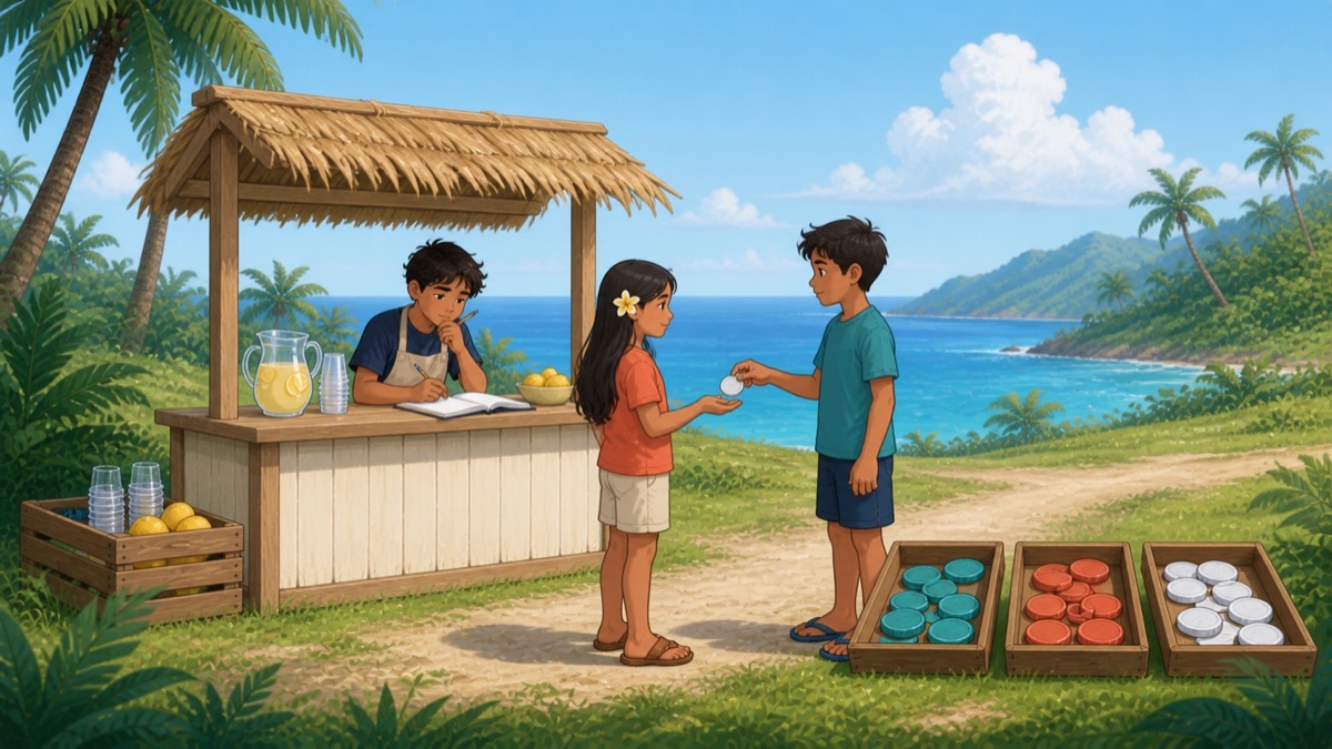 Young islanders running a lemonade stand and separating revenue from costs