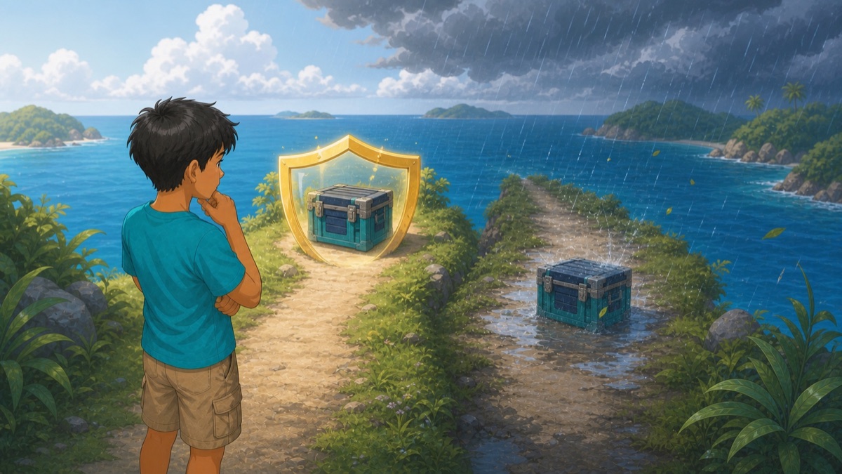 A young islander comparing a protected choice with an exposed choice before a storm