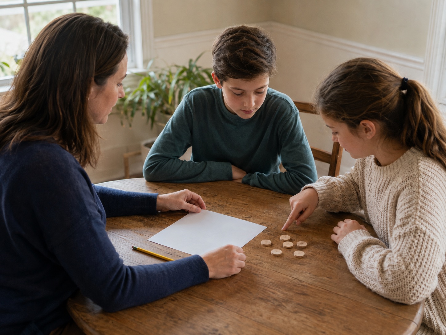 Parent listening as two young learners work through an activity together at a dining table